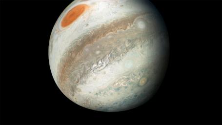 On its 12th close flyby of the gas giant planet, NASA's Juno spacecraft caught a new perspective of Jupiter from the south making the Great Red Spot appear as though it is in northern territory.