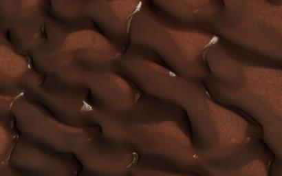 In early Martian summer, at the time NASA's Mars Reconnaissance Orbiter (MRO) acquired this image, the dunes are almost free of their seasonal ice cover.