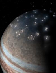 This artist's concept of lightning distribution in Jupiter's northern hemisphere incorporates a JunoCam image with artistic embellishments. Data from NASA's Juno mission indicates that most of the lightning activity on Jupiter is near its poles.