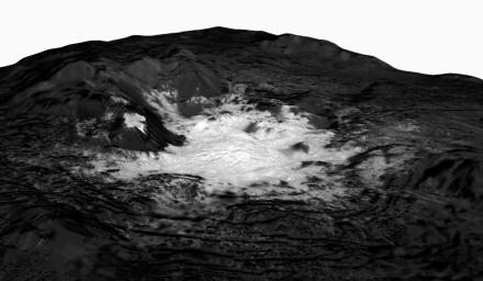 This mosaic from NASA's Dawn spacecraft, of Cerealia Facula combines images obtained from altitudes as low as 22 miles (35 km) above Ceres' surface.