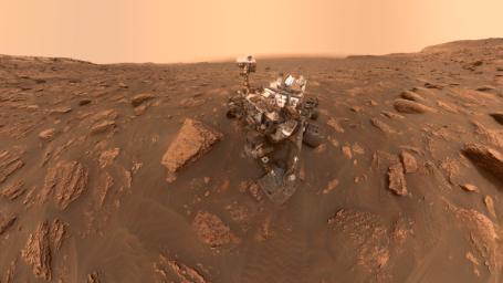 A self-portrait of NASA's Curiosity rover taken on Sol 2082 (June 15, 2018). A Martian dust storm has reduced sunlight and visibility at the rover's location in Gale Crater.