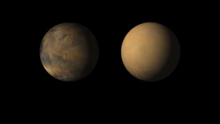 This image shows how dust has enveloped the Red Planet. NASA's Mars Reconnaissance Orbiter shows views of Valles Marineris chasms (left) and an autumn dust storm in Acidalia (right) and the early spring south polar cap.