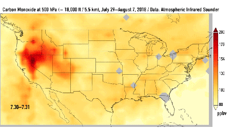 This image is one of a series showing carbon monoxide (in orange/red) from California's massive wildfires drifting east across the U.S. between July 30 and August 7, 2018.