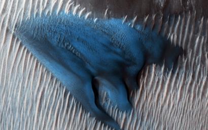 In this region of Lyot Crater, NASA's Mars Reconnaissance Orbiter shows a field of classic barchan dunes. Sand dunes often accumulate in the floors of craters on Mars.