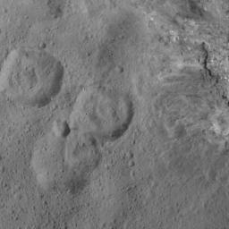 This image of was obtained by NASA's Dawn spacecraft on May 30, 2018 from an altitude of about 420 miles (675 kilometers). Ejecta from Haulani Crater can be seen on the right side of the image.