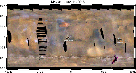 This image from NASA's Mars Reconnaissance Orbiter shows a fierce dust storm is kicking up on Mars, with rovers on the surface indicated as icons.