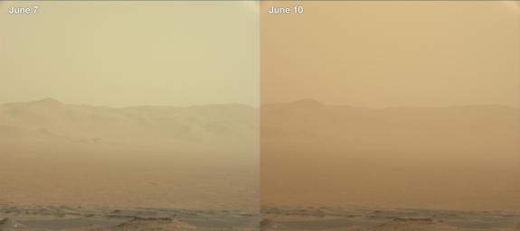These two views from NASA's Curiosity rover, acquired specifically to measure the amount of dust inside Gale Crater, show that dust has increased over three days from a major Martian dust storm.