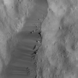 This image of Ceres' Occator Crater's eastern rim was obtained by NASA's Dawn spacecraft on June 9, 2018 from an altitude of about 30 miles (48 kilometers).