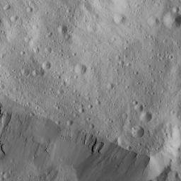 This image of the eastern rim of Occator Crater was obtained by NASA's Dawn spacecraft on June 10, 2018 from an altitude of about 22 miles (36 kilometers).