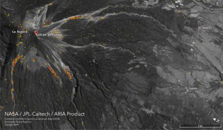 NASA's Jet Propulsion Laboratory and Caltech created this Damage Proxy Map (DPM) depicting areas around Fuego volcano, Guatemala, that are likely damaged as a result of pyroclastic flows and heavy ash spewed by Fuego volcano.