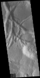 In this image from NASA's Mars Odyssey the surface region of Aram Chaos is being dissected by linear valleys. As dissection continues individual mesas develop.