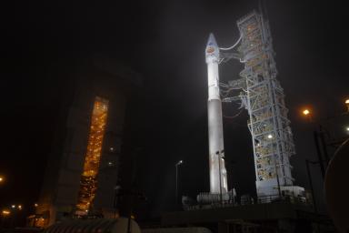 The gantry rolls back from an Atlas V rocket carrying NASA's InSight Mars lander in preparation for launch.