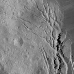 This image of Occator Crater's southeastern wall and floor on Ceres was obtained by NASA's Dawn spacecraft on June 17, 2018 from an altitude of about 22 miles (36 kilometers).