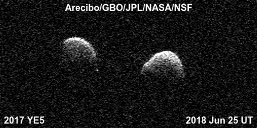 Bi-static radar images of the binary asteroid 2017 YE5 from the Arecibo Observatory and the Green Bank Observatory on June 25. The observations show that the asteroid consists of two separate objects in orbit around each other.