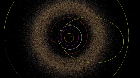 Artist's illustration of the trajectory of asteroid 2017 YE5 through the solar system. At its closest approach to Earth, the asteroid came to within 16 times the distance between Earth and the moon.