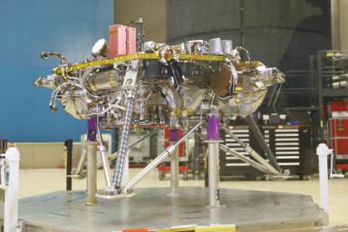 This image of NASA's InSight spacecraft, taken at Lockheed Martin Space in Littleton, Colorado, shows several of the critical landing systems including the thrusters, lander legs and science deck.