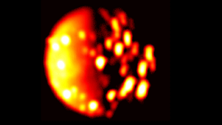 This infrared image of the southern hemisphere of Jupiter's moon Io was derived from data collected by the Jovian Infrared Auroral Mapper (JIRAM) instrument aboard NASA's Juno spacecraft on Dec. 16, 2017.
