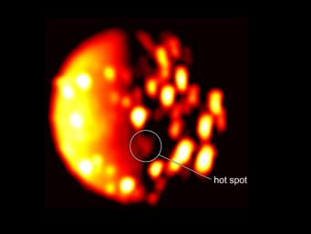 This annotated image highlights the location of the new heat source in the southern hemisphere of the Jupiter moon Io derived from data collected by the Jovian Infrared Auroral Mapper (JIRAM) instrument aboard NASA's Juno spacecraft on Dec. 16, 2017.