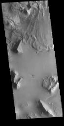 This image from NASA's Mars Odyssey shows a large landslide deposit in central Ganges Chasma. The radial grooves on the top of the landslide are a common feature formed by the downslope movement of the landslide materials.