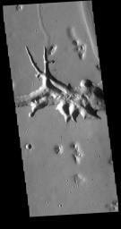 This image from NASA's Mars Odyssey shows the eastern end of Hephaestus Fossae. Hephaestus Fossae is a channel system in Utopia Planitia near Elysium Mons.