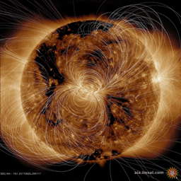 NASA's Solar Dynamics Observatory scientists use their computer models to generate a view of the sun's magnetic field. An extreme ultraviolet view of the sun is compared with the same image showing the superimposed field lines on August 10, 2018.