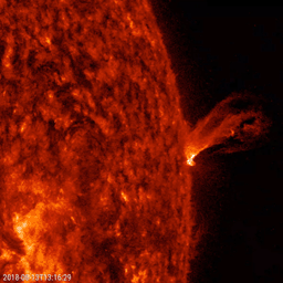 NASA's Solar Dynamics Observatory shows a minor eruption of charged particles rising up and twisting about before falling back into the Sun in this close-up of the Sun from a two-hour period on Aug. 13, 2018.