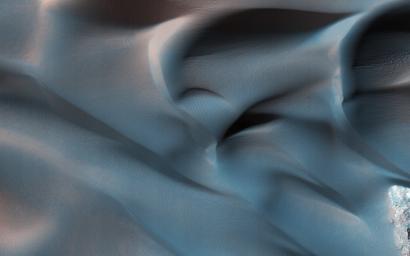 This image acquired on January 2, 2014 by NASA's Mars Reconnaissance Orbiter, shows dune fields located among canyon wall slopes.