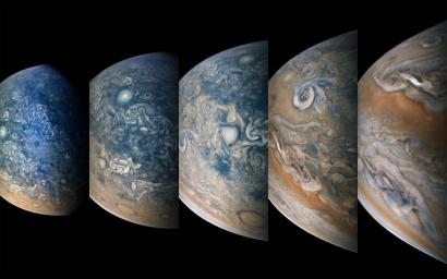 Striking atmospheric features in Jupiter's northern hemisphere are captured in this series of color-enhanced images from NASA's Juno spacecraft.