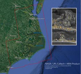 The ARIA team at NASA's Jet Propulsion Laboratory created this Damage Proxy Map (DPM) depicting areas of the Carolinas that are likely damaged as a result of Hurricane Florence.