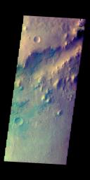 This image from NASA's Mars Odyssey shows a small section of Nili Fossae. The darker blue tones are usually indications of basaltic sands.