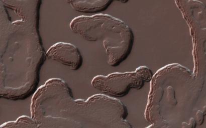 This image acquired on July 23, 2018 by NASA's Mars Reconnaissance Orbiter, shows the South Polar residual cap constantly changing shape through each Martian summer.