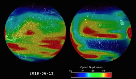 This animation shows the evolution of the 2018 Mars global dust storm from late May to September as measured by the Mars Climate Sounder instrument onboard NASA's Mars Reconnaissance Orbiter.