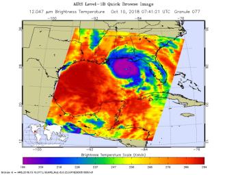 This image, taken on Oct. 10, 2018 by NASA's Aqua satellite shows the temperature of clouds or the surface in and around Hurricane Michael as it approaches northwestern Florida.