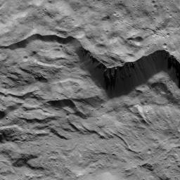 This image of mass wasting features along Occator Crater's rim on Ceres was obtained by NASA's Dawn spacecraft on August 2, 2018 from an altitude of about 130 miles (210 kilometers).