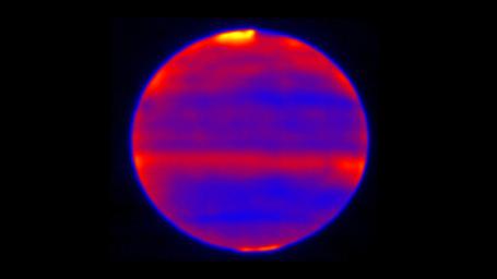Scientists used red, blue and yellow to infuse this infrared image of Jupiter's atmosphere, which was recorded by the Subaru Telescope on the summit of Mauna Kea, Hawaii on Jan. 12, 2017.