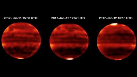 Sensitive to Jupiter's stratospheric temperatures, these infrared images were recorded by the Subaru Telescope on the summit of Mauna Kea, Hawaii. Areas that are more yellow and red indicate the hotter regions.