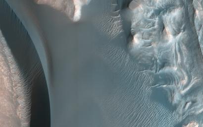 This image acquired on February 8, 2018 by NASA's Mars Reconnaissance Orbiter, shows a small dune field occurring along the summit of the large 1-mile-tall mound near the center of Juventae Chasma.