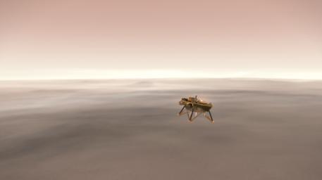 This illustration shows a simulated view of NASA's InSight lander firing retrorockets to slow down as it descends toward the surface of Mars.