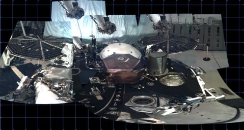 This panorama, created from multiple images, shows the deck of NASA's InSight lander, as well as its solar panels, during the assembly, test and launch operations phase.