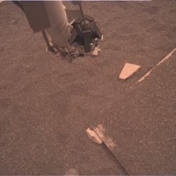 This test image from an engineering model of NASA's InSight lander shows part of the lander's robotic arm.