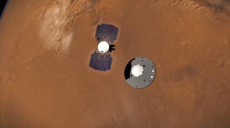 This is an illustration showing NASA's InSight lander separating from its cruise stage as it prepares to enter Mars' atmosphere.