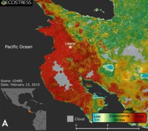 This ECOSTRESS image shows plant stress in the Guanacaste region of Costa Rica a few months after the onset of a major Central American drought.