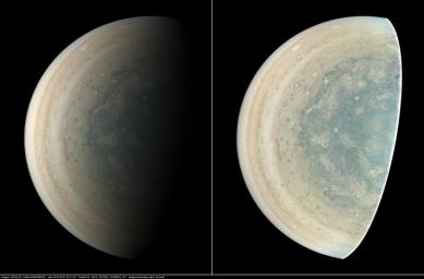 Jupiter's southern circumpolar cyclones are captured in this image from NASA's Juno spacecraft.