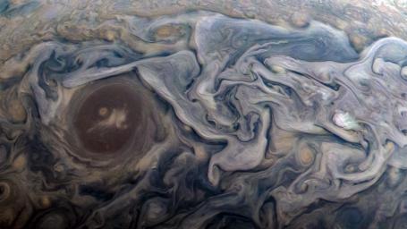 Dramatic atmospheric features in Jupiter's northern hemisphere are captured in this view from NASA's Juno spacecraft.