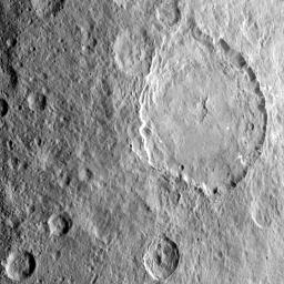 This image shows the complex central construct and concentric fractures in the large Dantu Crater on Ceres, as obtained by NASA's Dawn spacecraft on September 1, 2018 from an altitude of about 1335 miles (2150 kilometers).