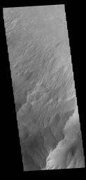 This image from NASA's Mars Odyssey shows part of the eastern end of Candor Chasma. The edge of the canyon is at the bottom of the image.