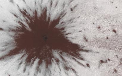This image acquired on October 5, 2018 by NASA's Mars Reconnaissance Orbiter, shows a new impact crater that formed between July and September 2018.