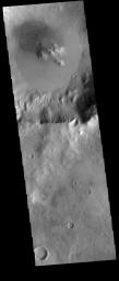This image from NASA's Mars Odyssey shows a field of sand dunes, visible on the floor of this unnamed crater. The crater is located in Terra Sirenum.