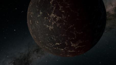 This artist's illustration of the exoplanet LHS 3844b, shows the planet's surface may be covered mostly in dark lava rock, with no apparent atmosphere, according to observations by NASA's Spitzer Space Telescope.