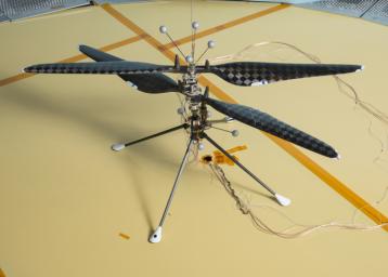 This image of NASA's Mars Helicopter prototype depicts the demonstration vehicle used to prove that controlled, and sustained flight is feasible in a Martian atmosphere.